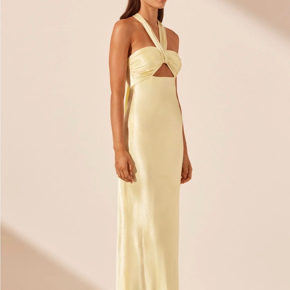 Shona Joy Yellow Silk Halter Gown